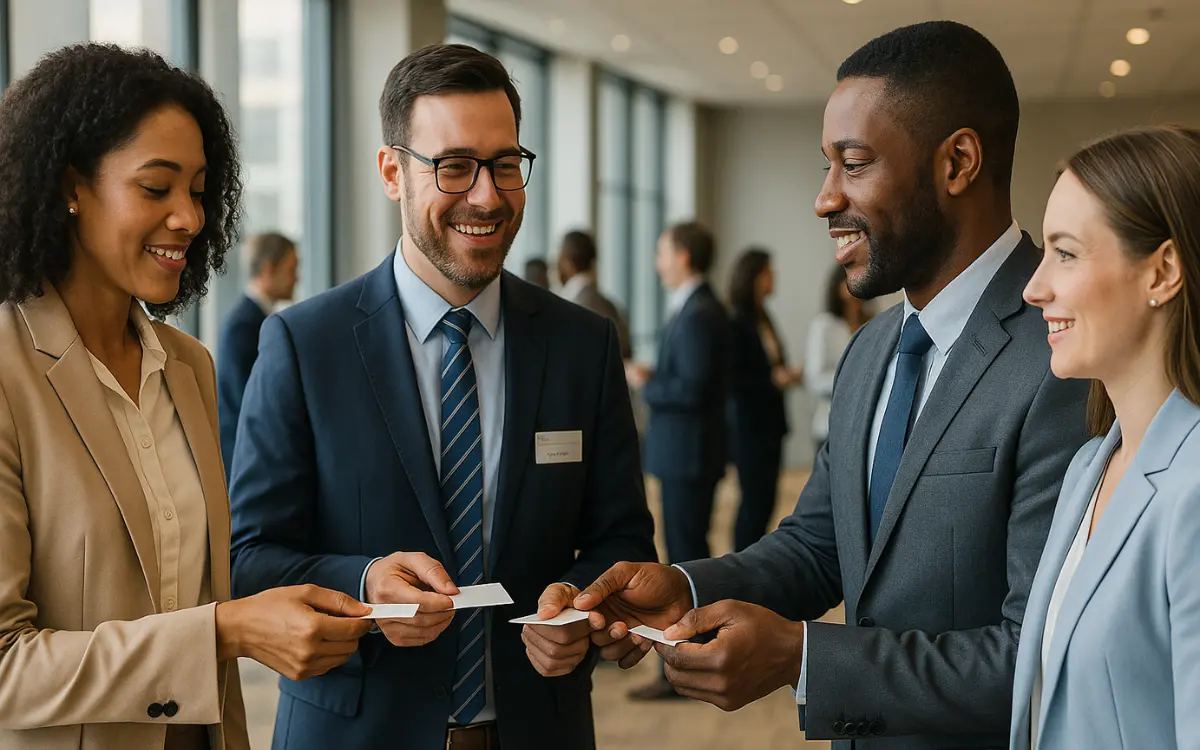  Empreendedores trocando cartões em uma rodada de negócios